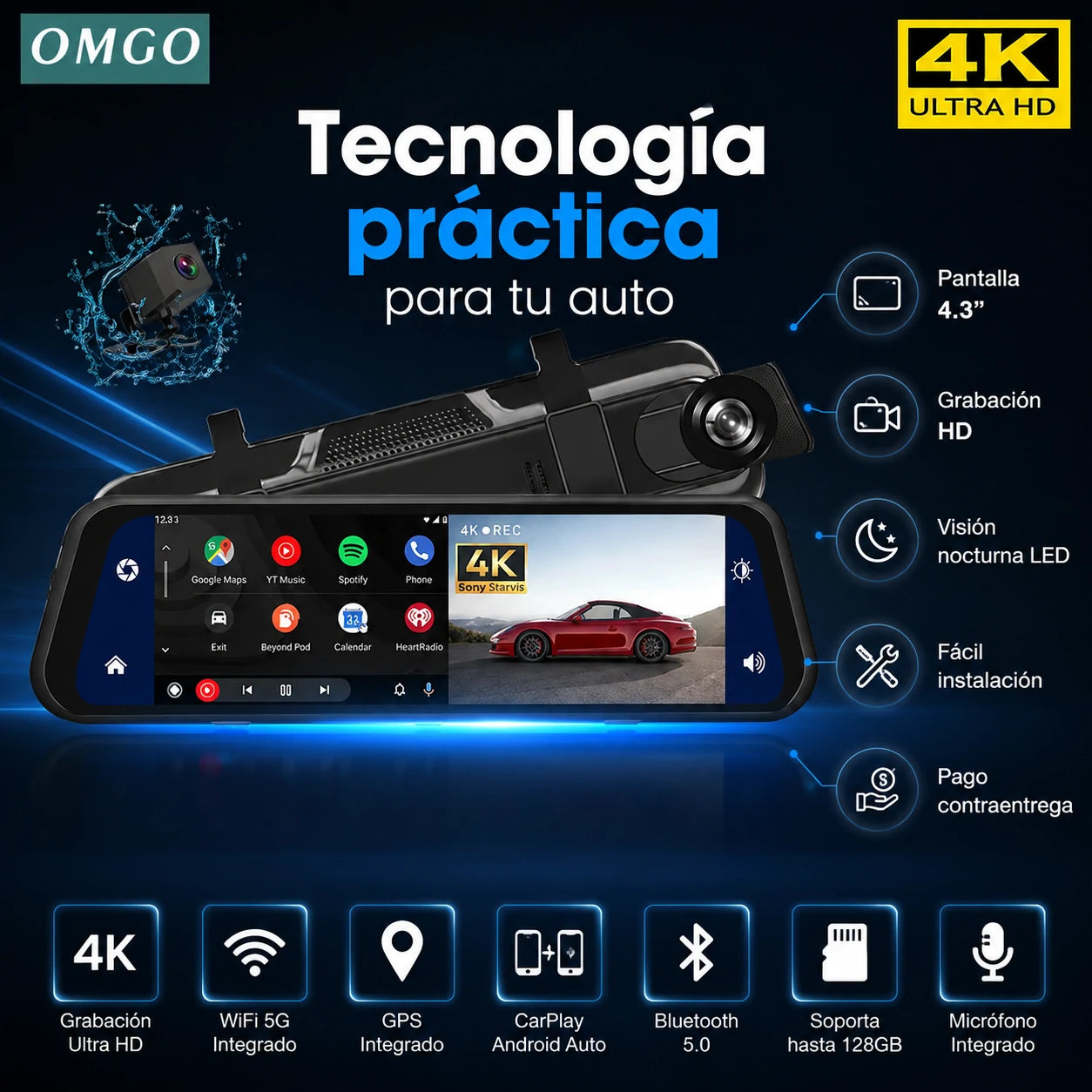 Espejo Retrovisor Cámara Delantera + Cámara Trasera | DriveVision 360