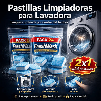 FreshWash 24 Pastillas Limpiadoras – Elimina Olores y Deja tu Lavadora Como Nueva